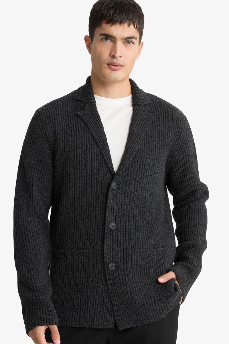 DeFacto Grey Man Standard Fit Jacket Collar Knitwear Cardigan Casual - Image 3